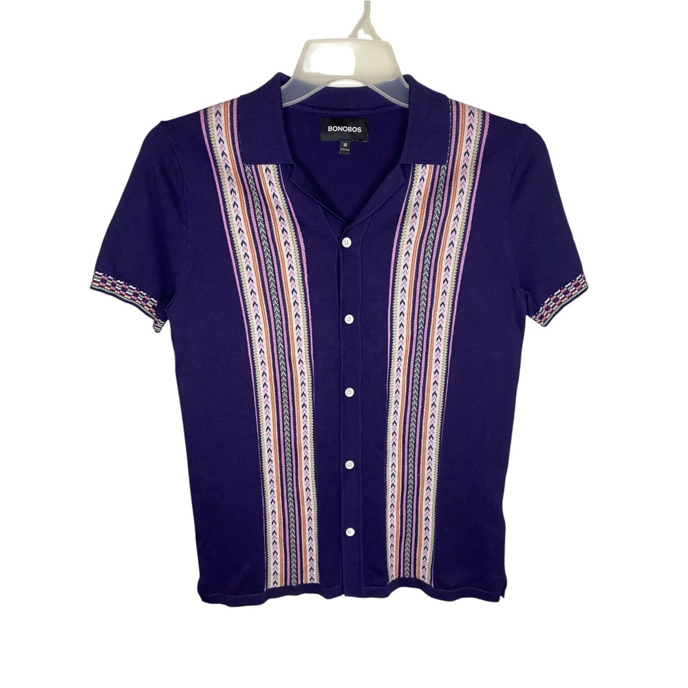 Bonobos Mens XS Navy Blue Southwest Stripe Cotton Knit Button Up Sweater Polo